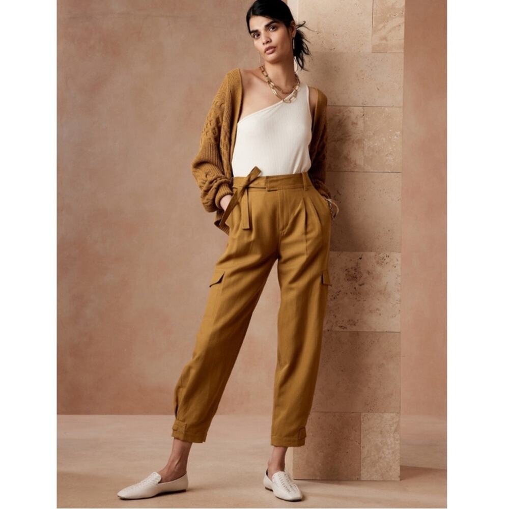 Banana Republic Tencel-Linen Cargo Pant tie waist bronze burnt yellow